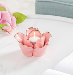 Rose Gold Tipped Pink Flower 5” Ceramic Tealight Holder