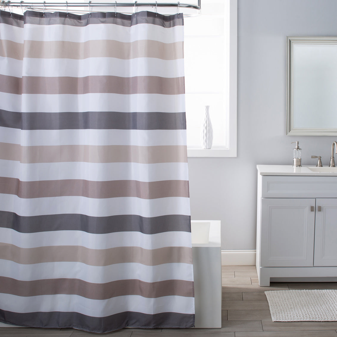 CABANA SHOWER CURTAIN FABRIC WHT/GRY/TAUPE 180 X 180cm 95-100 GSM