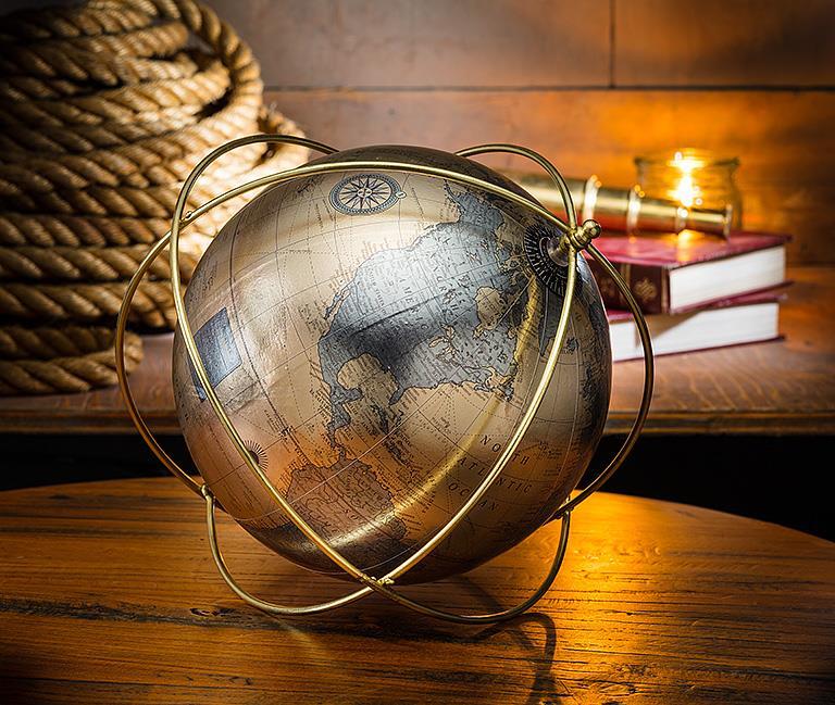 Longitude Pewter Gold Globe in Wire Stand