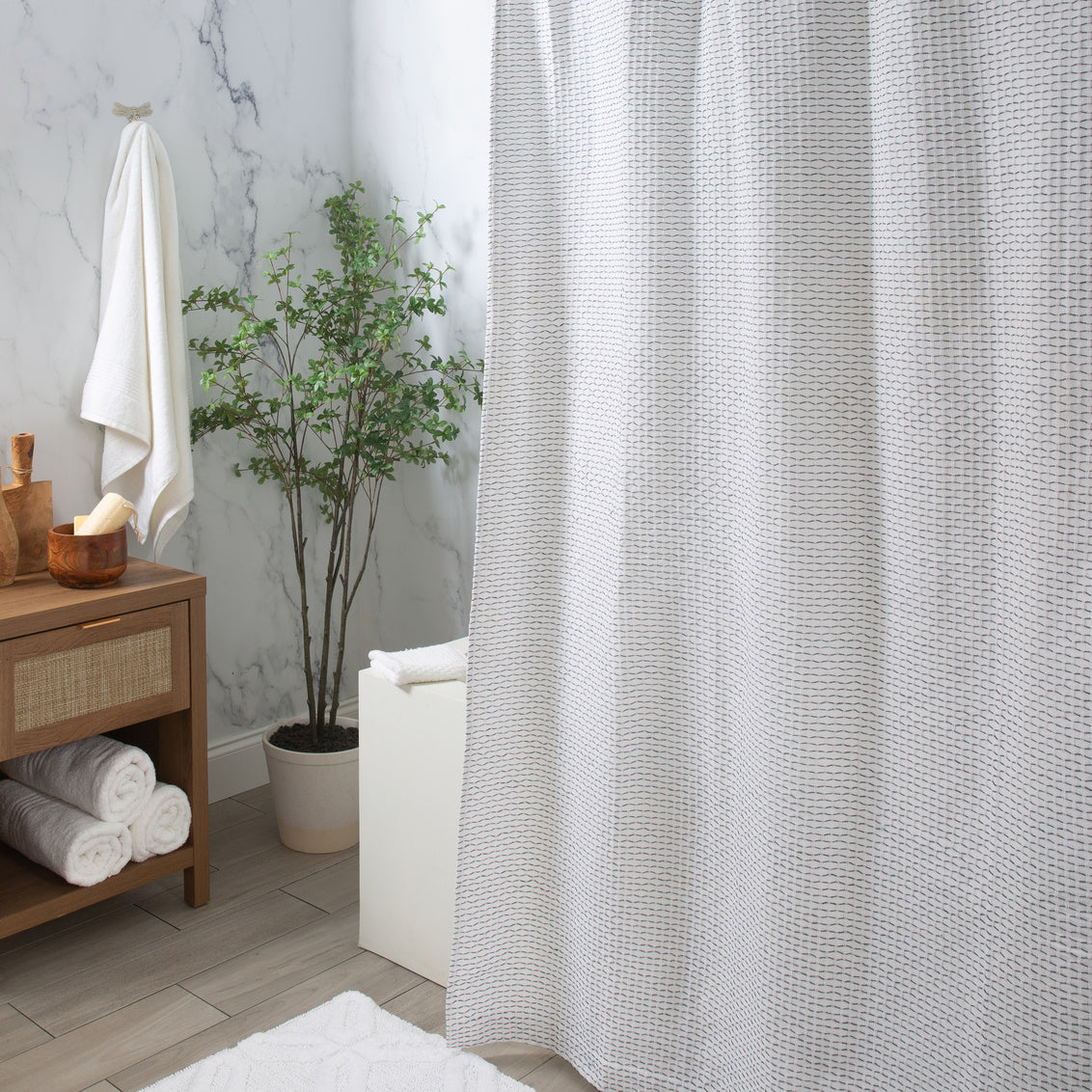 Honeycomb Shower Curtain White/Dark Grey Cotton 350GSM