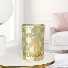 Honeycomb Gold Mirror 4.5x7" Glass Hurricane Vase - Green